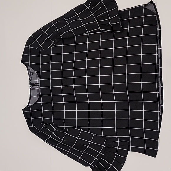 Adrianna Papell Box Check Ruffle Cuff Top Black White Large - Picture 4 of 12
